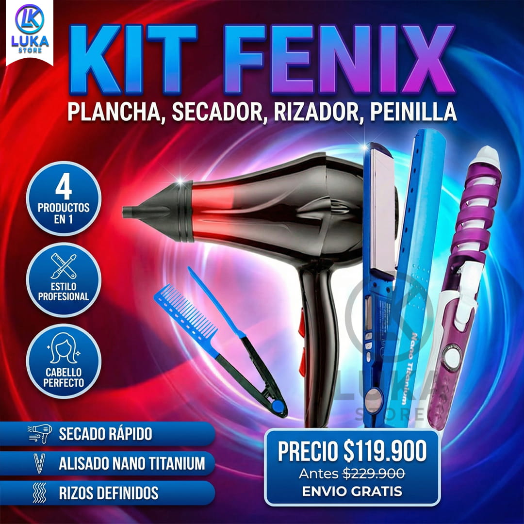 KIT FENIX- PLANCHA-SECADOR-RIZADOR Y PEINILLA OBSEQUIO