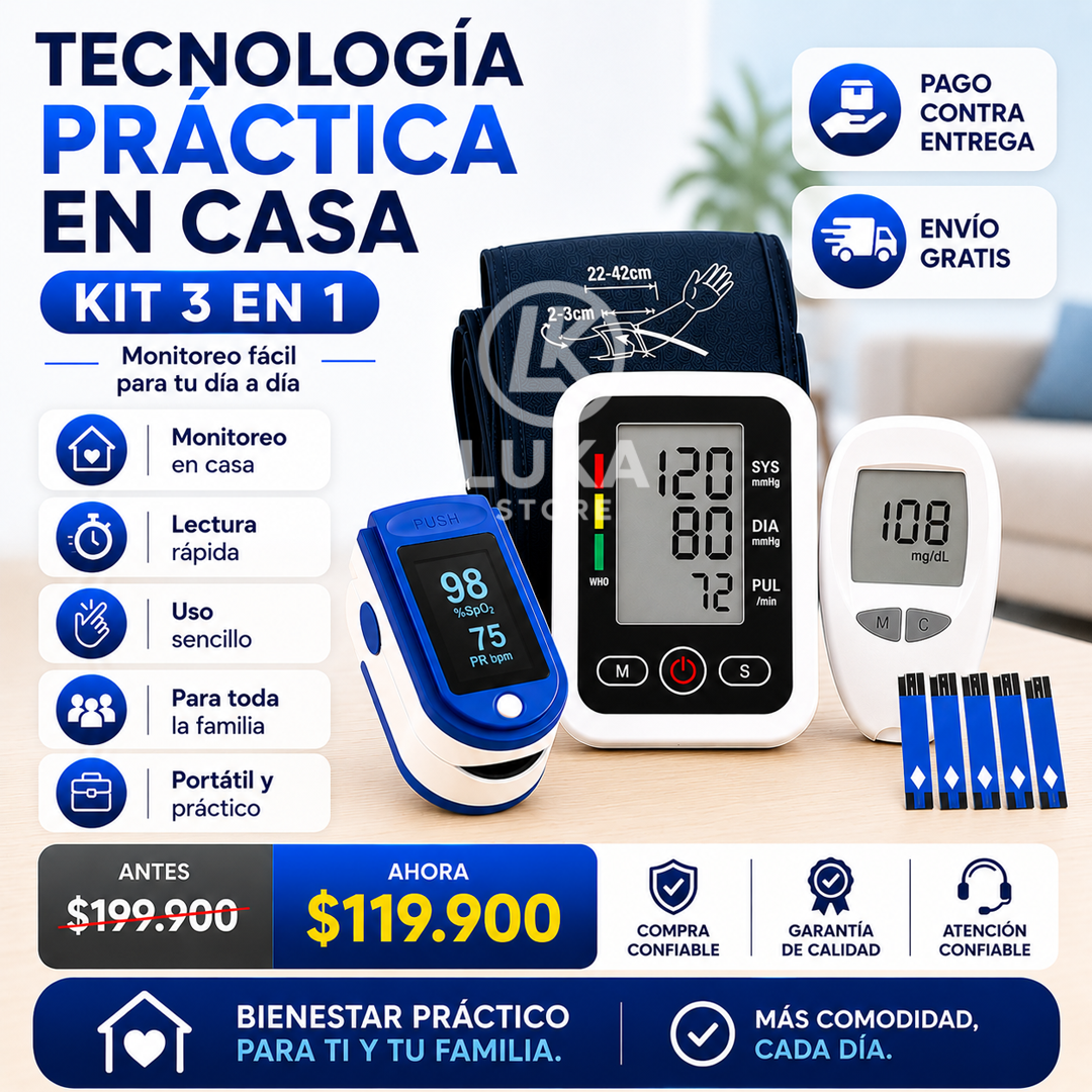 KIT SALUD TENSIOMETRO + OXIMETRO + GLUCOMETRO PREMIUM.