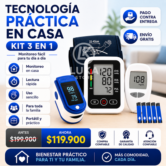 KIT SALUD TENSIOMETRO + OXIMETRO + GLUCOMETRO PREMIUM.