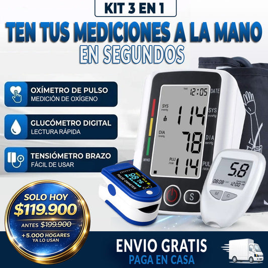 KIT SALUD TENSIOMETRO + OXIMETRO + GLUCOMETRO PREMIUM